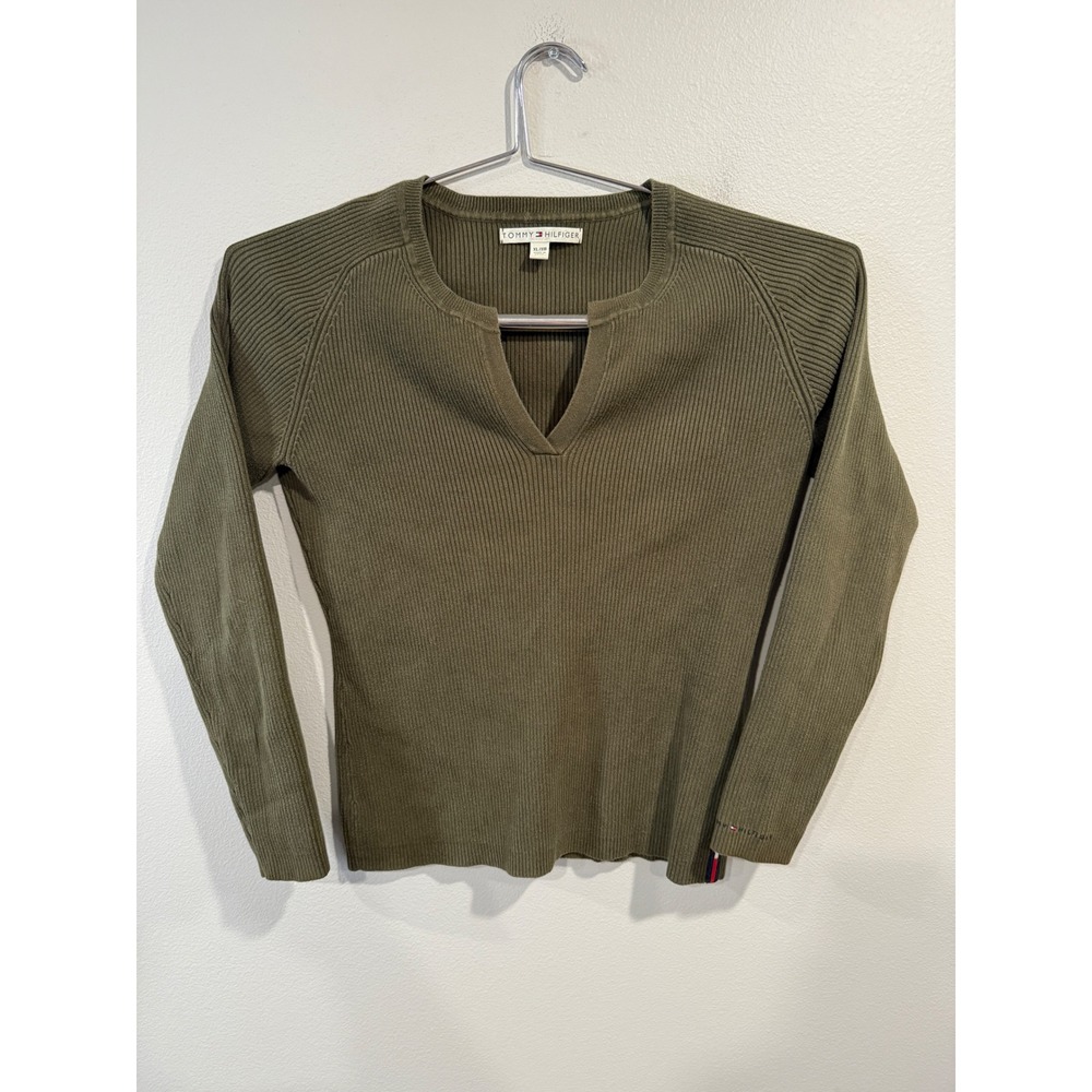 Tommy Hilfiger Womens Olive Green Ribbed Split Neck Long Sleeve Top XL Y2K‎